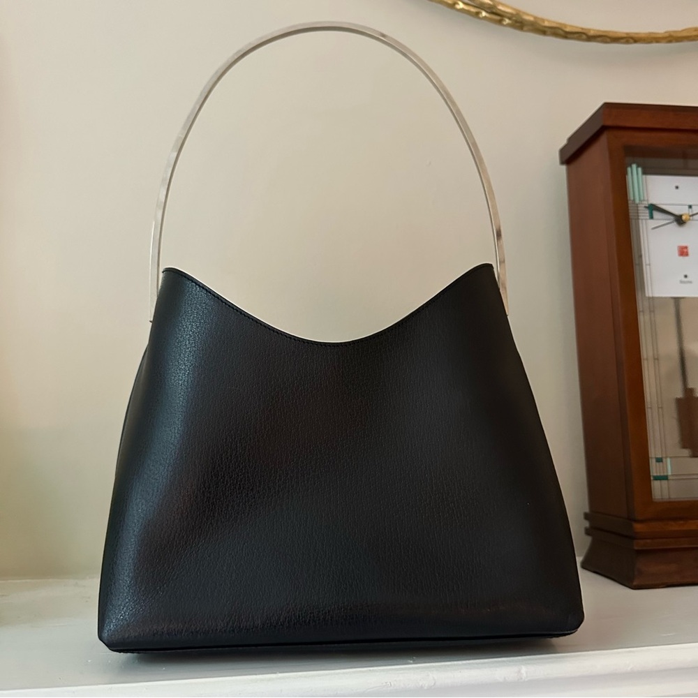 Vintage Leather metal step handbag Black leather silver tone strap